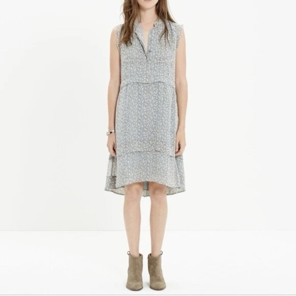 Madewell Summer Capsule Willow Leaf Flowy Chiffon Button Up Dress 4 Gray Pocket